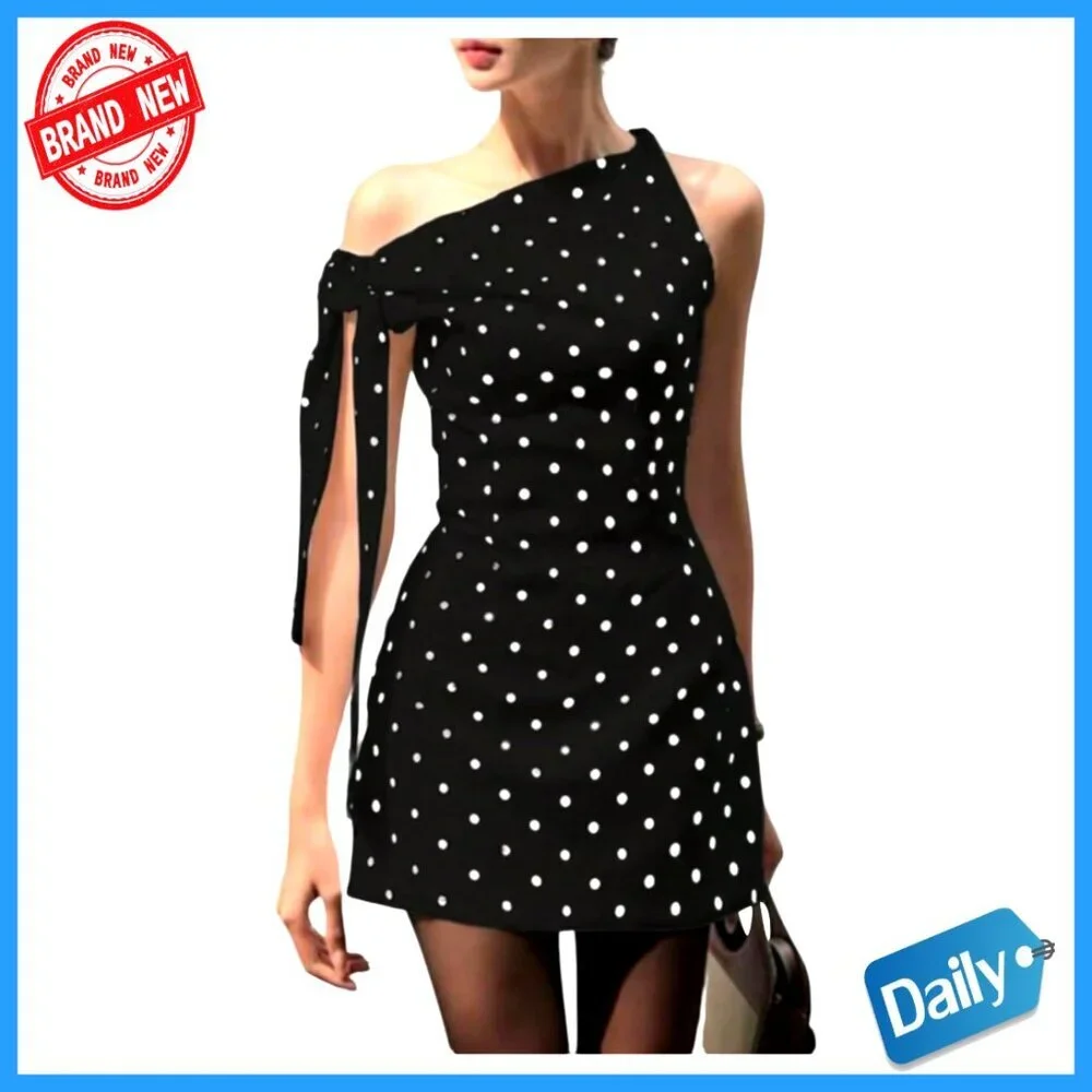 Polka Dot Off Shoulder Mini Dress Knot Side Bodycon Casual Wear